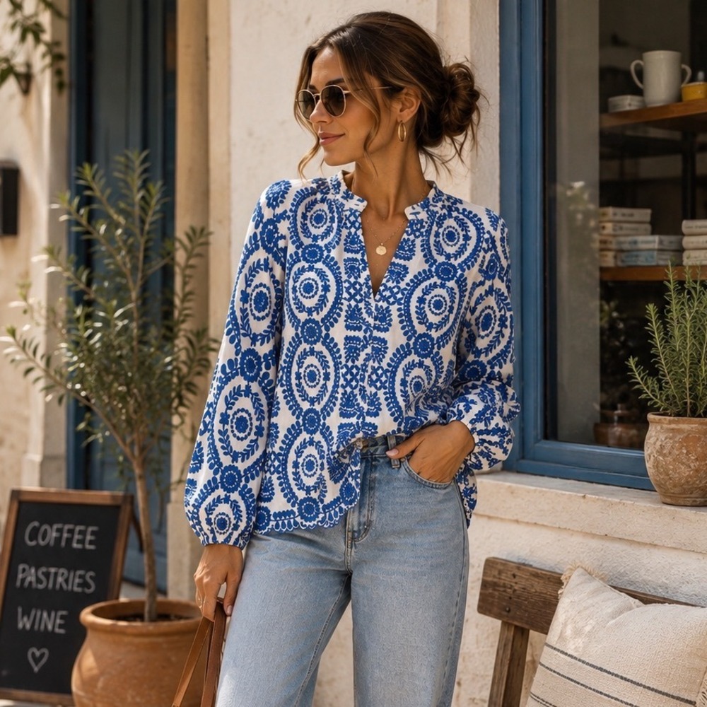 Chic Floral Embroidered Boho Coastal Mediterranean Blouse Top Blue White Sz M